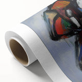 Abstract splatter art on rolled canvas, showcasing vibrant colors and dynamic shapes, perfect for modern home decor. Packaged securely in a cardboard tube for safe delivery.