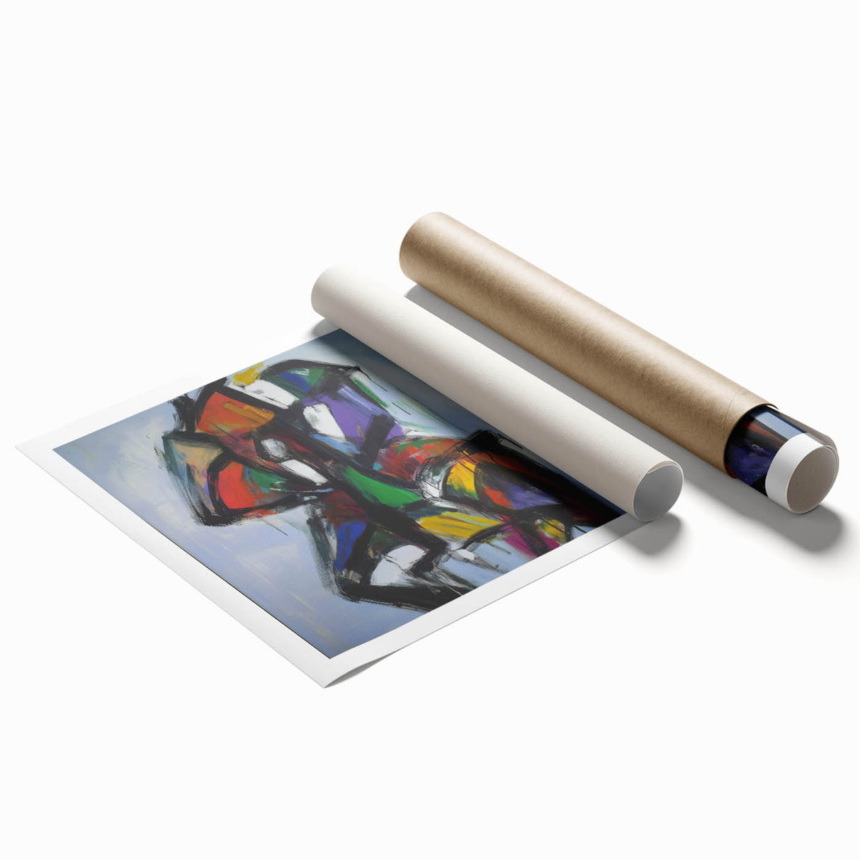 Abstract splatter art print showcasing vibrant colors and dynamic patterns, rolled and ready for framing, perfect for modern home decor enthusiasts.