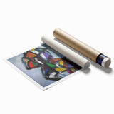 Abstract splatter art print showcasing vibrant colors and dynamic patterns, rolled and ready for framing, perfect for modern home decor enthusiasts.