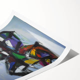 Abstract splatter art print showcasing vibrant colors and dynamic patterns, ideal for modern home decor. Rolled and ready for framing, perfect for art enthusiasts.