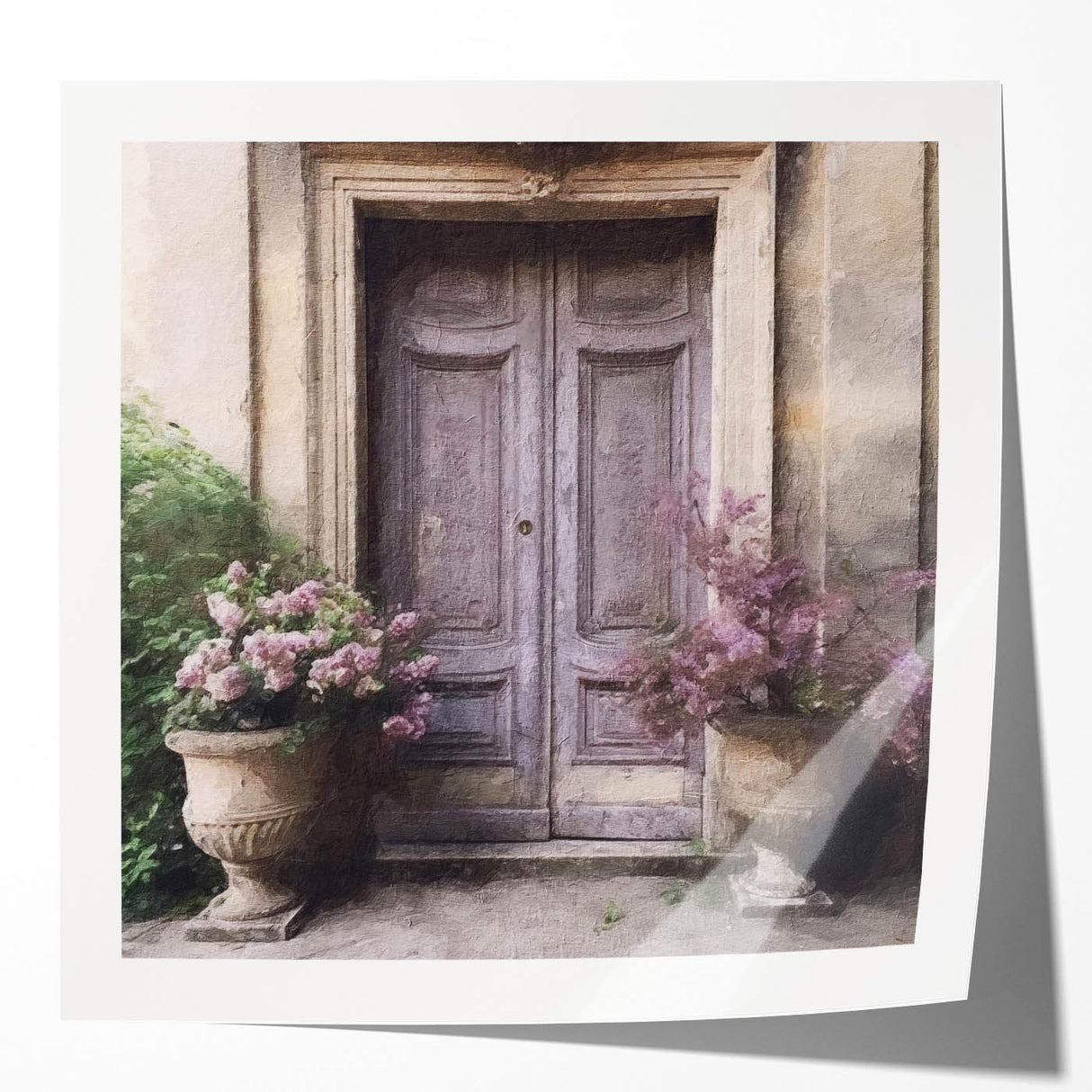 Extra large floral art on glossy photo print, featuring a vintage French door design in neutral tones.