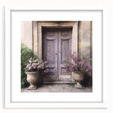 Abstract art print of a French door in muted gray tones on a framed white mat, ideal for dining room decor.