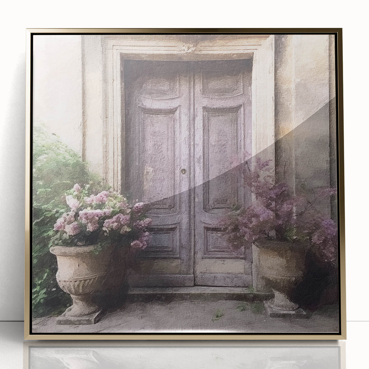 Mid-century modernist door design in gold and black on a framed acrylic, ideal for modern art wall decor.