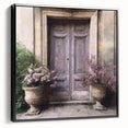 Black and white vintage poster art of a French door on framed canvas, suitable for bedroom wall decor.