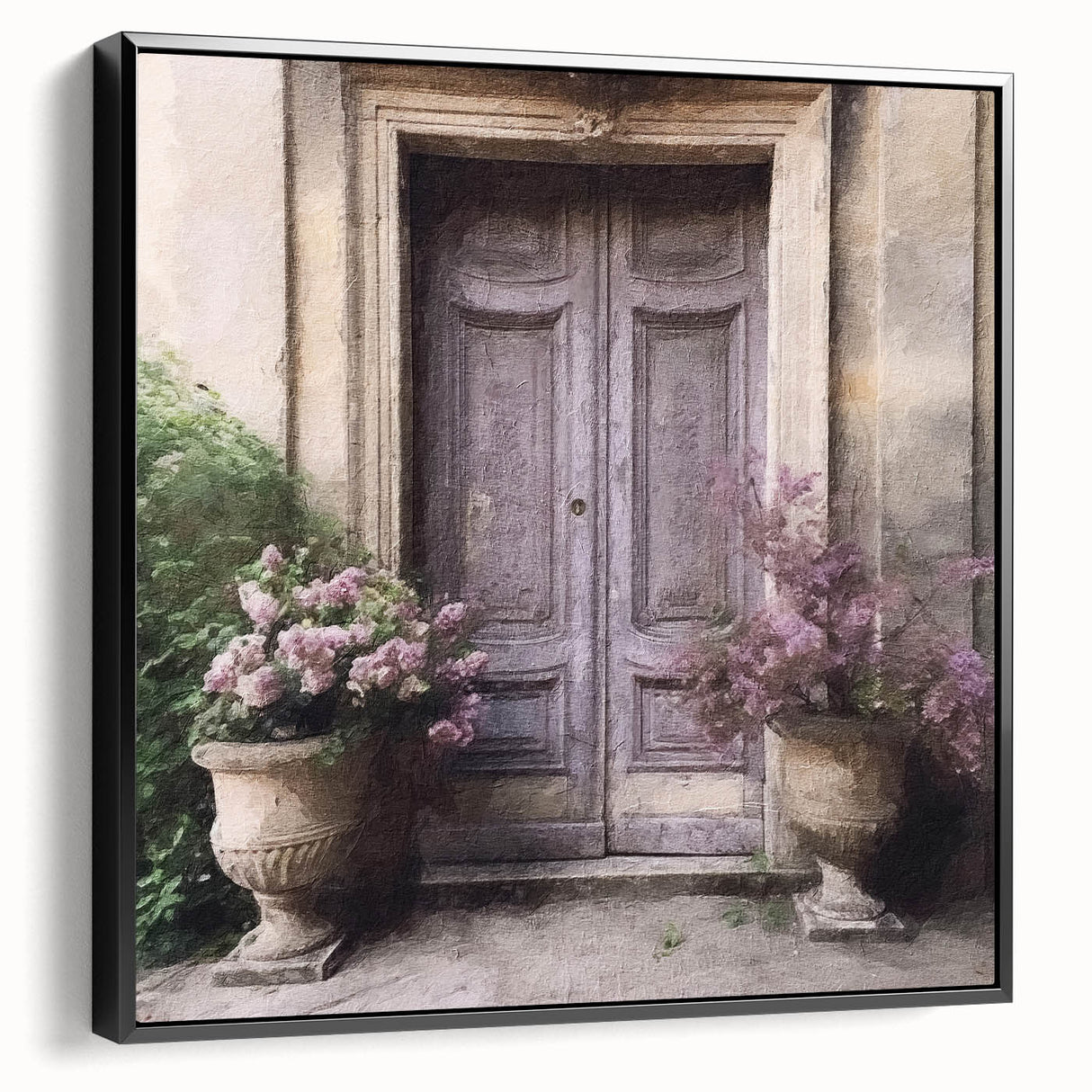 Black and white vintage poster art of a French door on framed canvas, suitable for bedroom wall decor.