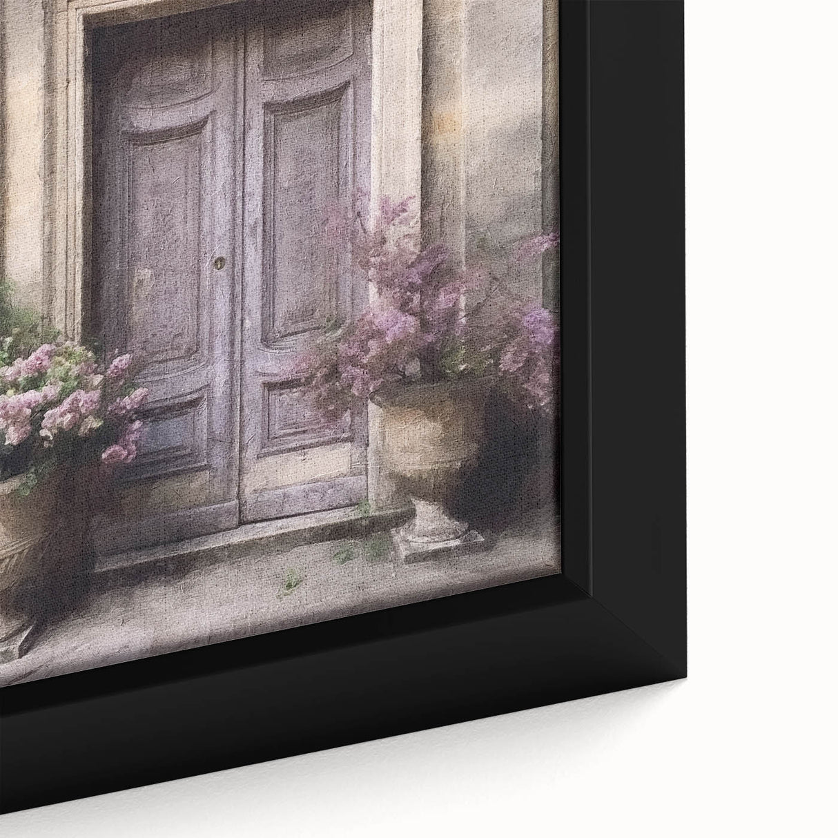 Close-up of textured black wall art featuring a French door design in vibrant colors on framed canvas.