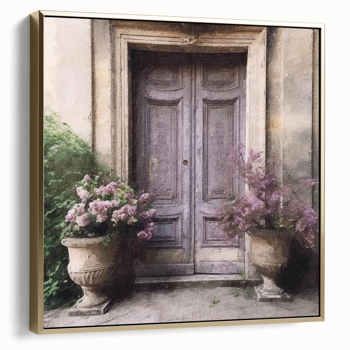 Framed canvas of a vintage poster featuring a black and gold door in a landscape style, ideal for bedroom wall decor.