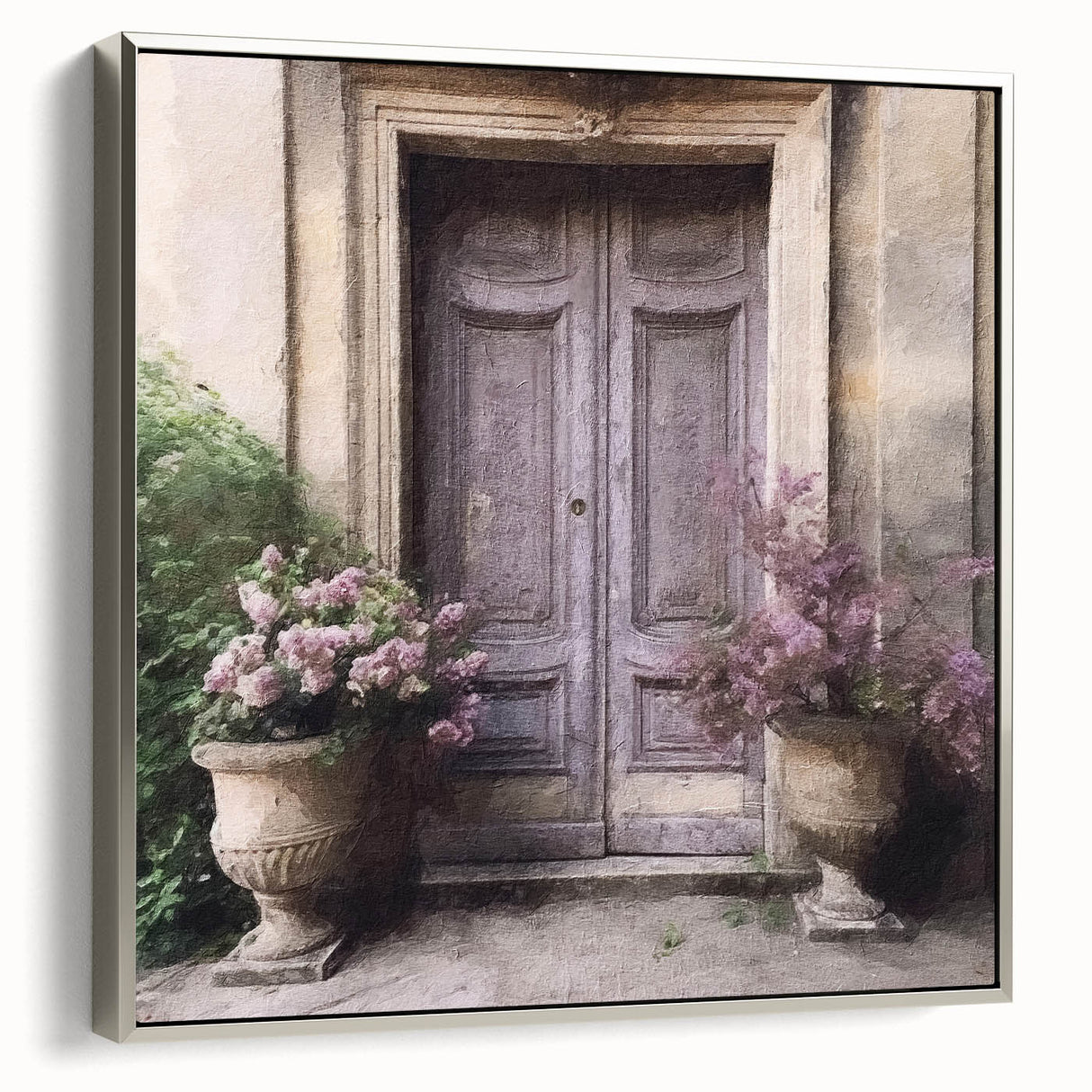 Landscape art painting of a vintage French door on a black framed canvas, highlighted with colorful accents.