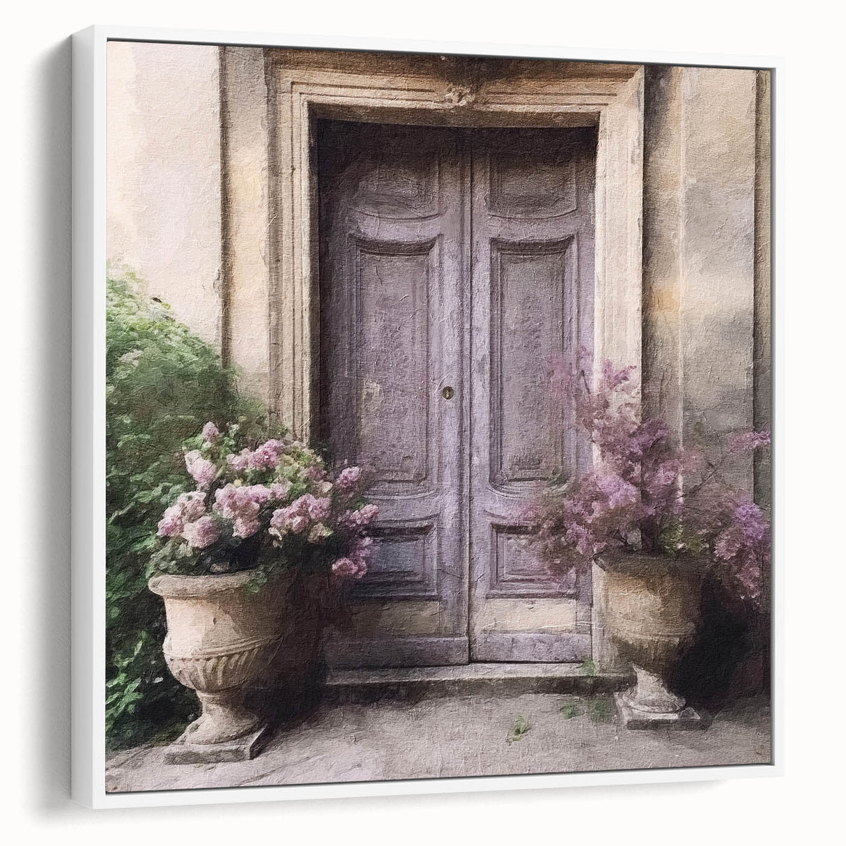 Vintage poster art of a French door architecture in black and colorful hues on a framed canvas.