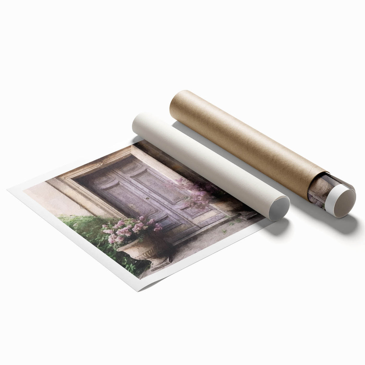 Extra large rolled print featuring a detailed floral art design on a French door, in muted earth tones.