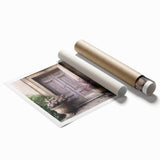 Extra large rolled print featuring a detailed floral art design on a French door, in muted earth tones.