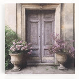 Black and white photo of a French door on stretched canvas, ideal for kitchen wall art.