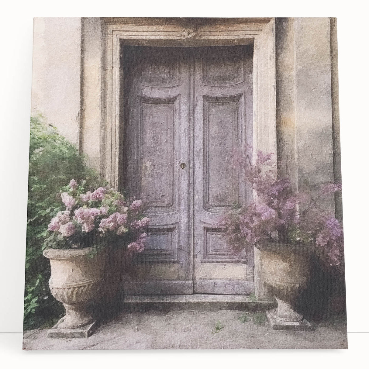 Large black and white photo of a French door design on stretched canvas, suitable as kitchen wall art or for a bedroom.