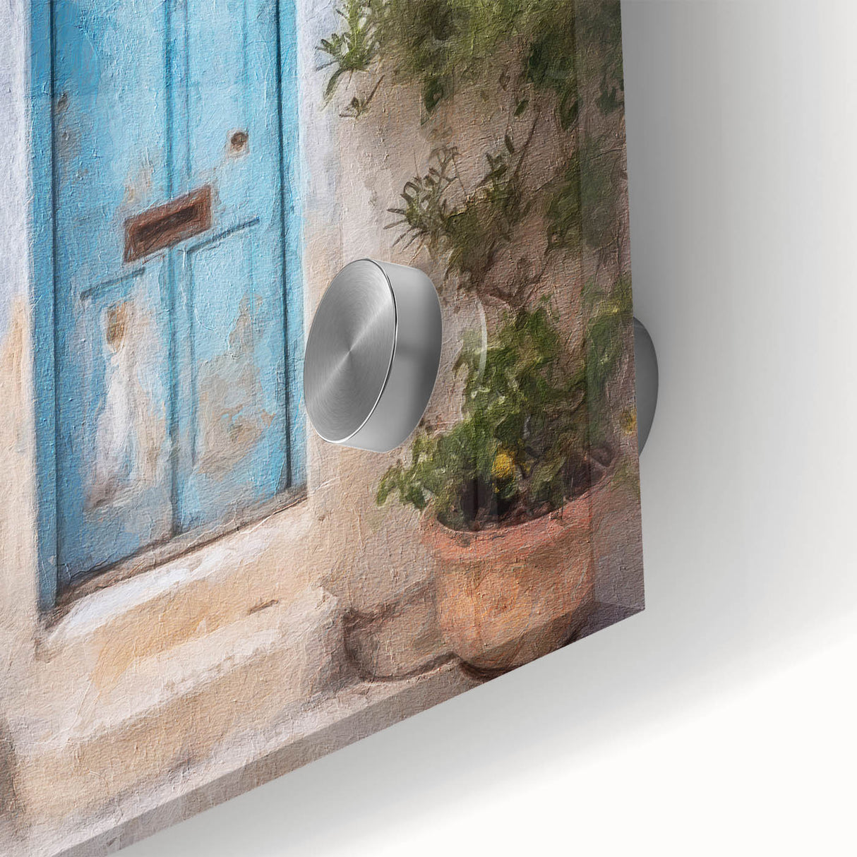 Close-up of a Greek architecture door design on acrylic glass, featuring mid-century modernist style.