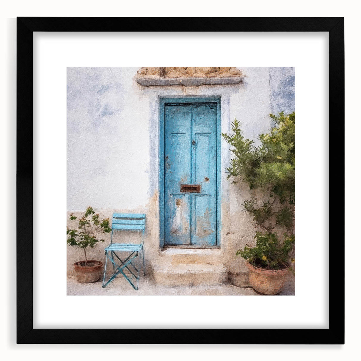 Extra large abstract art print featuring a colorful, textured depiction of a Greek door, framed in black.