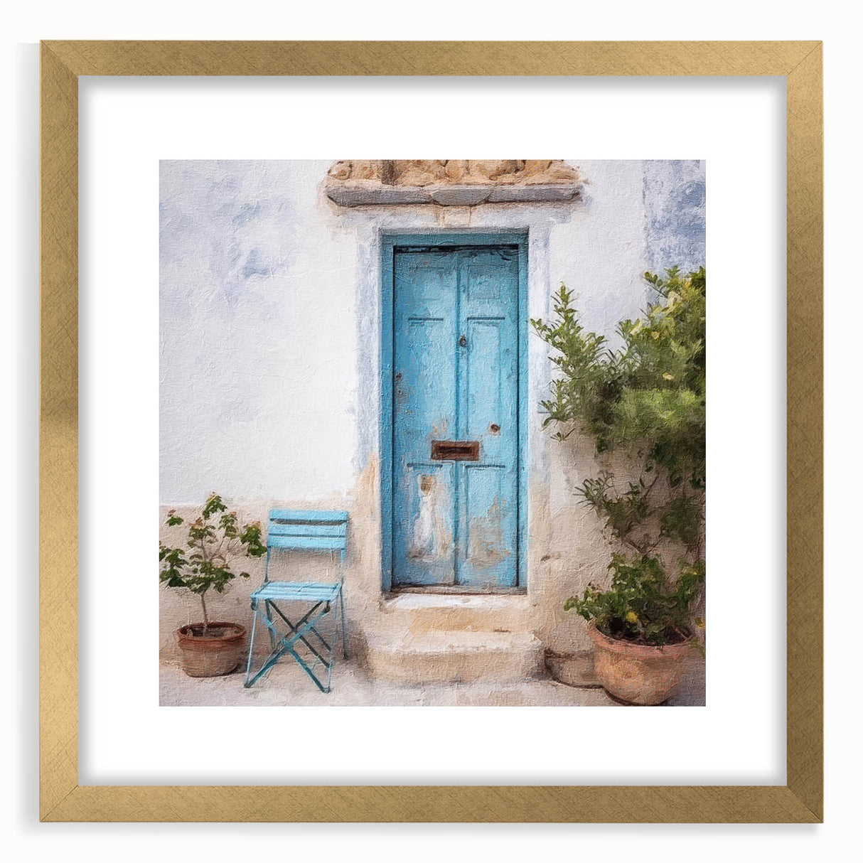 Extra large abstract art print featuring textured design of a Greek door, in gold and white tones on a framed canvas.