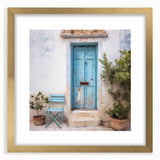 Extra large abstract art print featuring textured design of a Greek door, in gold and white tones on a framed canvas.