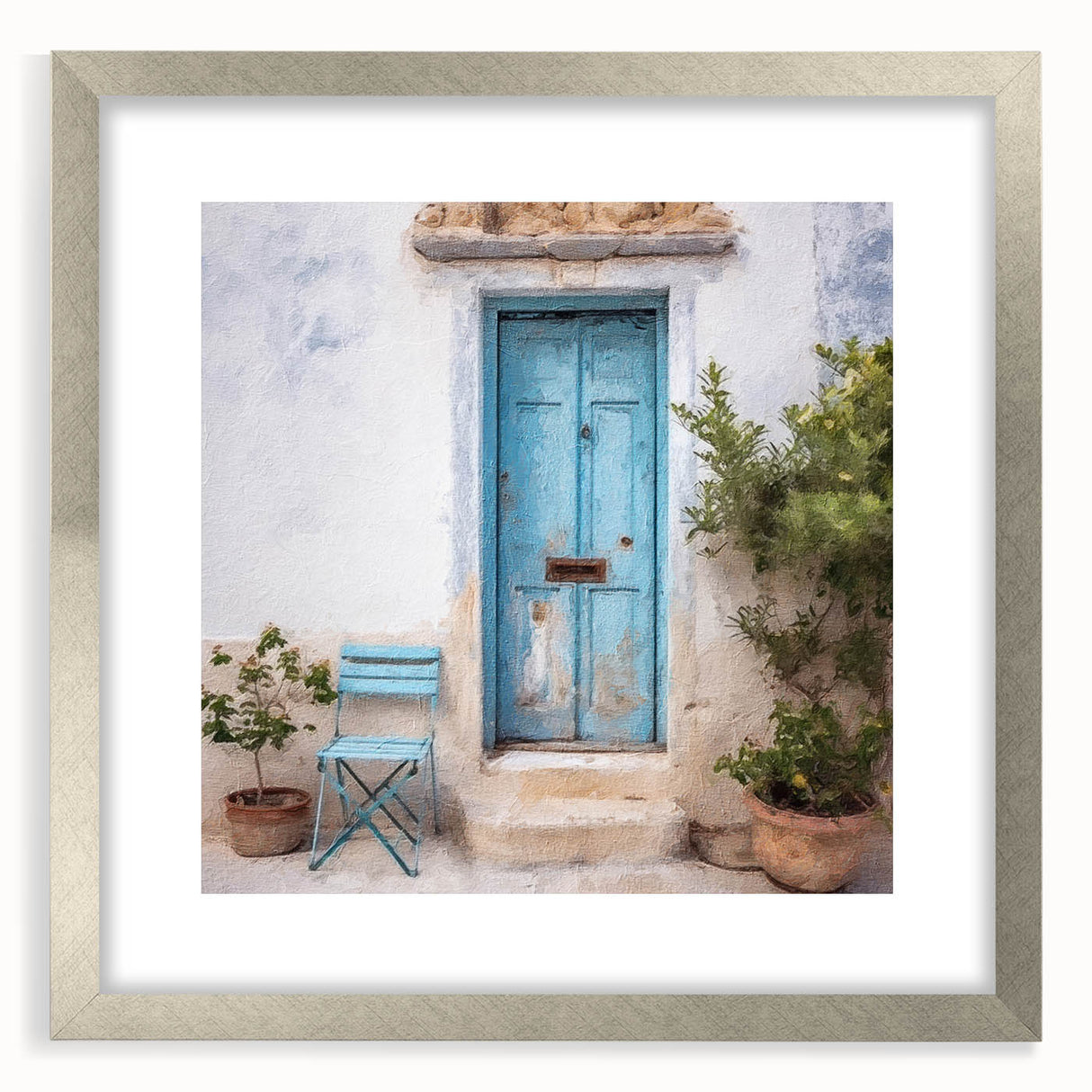 Textured abstract art print of a Greek door, in muted earth tones on a framed canvas, suitable for bedroom art.