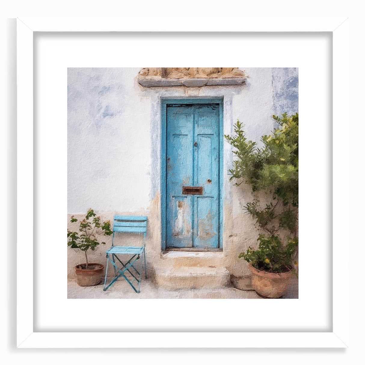 Abstract art print of a Greek door, in muted earth tones on a white matted frame, suitable for dining room decor.