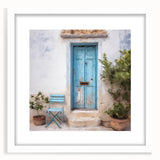 Abstract art print of a Greek door, in muted earth tones on a white matted frame, suitable for dining room decor.