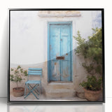 Large abstract wall art featuring a Greek door design in black and white on a framed acrylic.