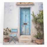 Black and white photo of a Greek architecture door on stretched canvas, ideal for kitchen wall art or bedroom decor.