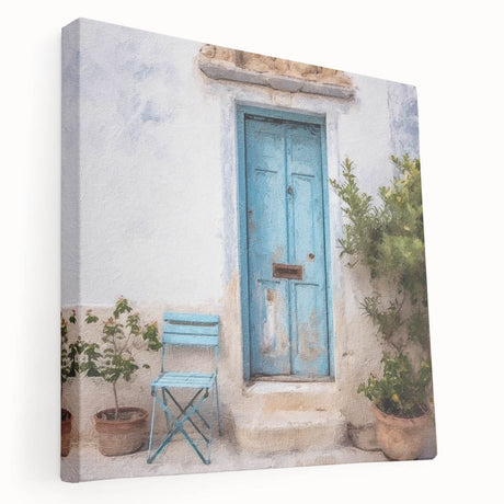 Large stretched canvas featuring a Greek architecture door design in muted earth tones, ideal for kitchen wall art.