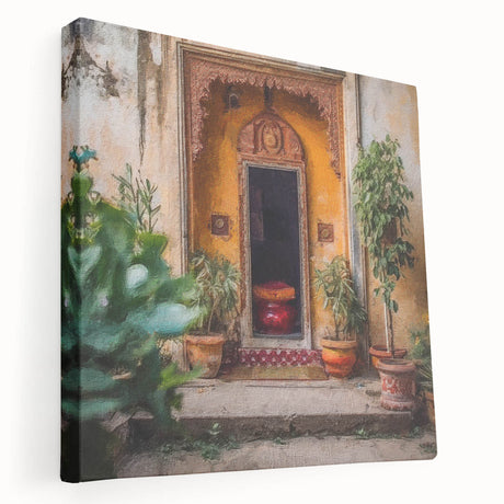 Side view of a large art print depicting an ornate Indian door, rendered in vibrant earth tones on stretched canvas.
