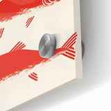 Large abstract wall art on acrylic, featuring swirling blue and gray tones in a mid-century modernist style.