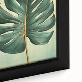 Close-up of a framed canvas wall art featuring vibrant floral and botanical designs with intricate leaf patterns, ideal for home decor and aesthetic enhancement.