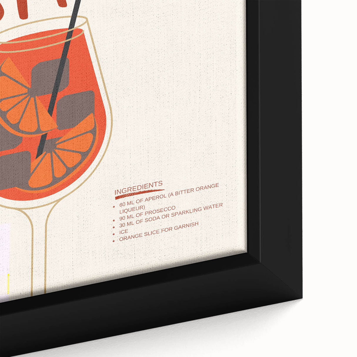 Extra large black wall art featuring colorful, textured food and drinks on framed canvas, ideal for living room decor.