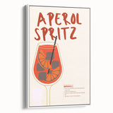 Vintage poster art of colorful food and drinks on a white-framed canvas, ideal for living room decor.