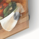 Close-up of large abstract wall art featuring assorted fruits in vibrant colors on acrylic glass.