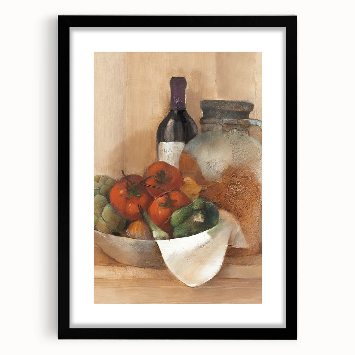 Extra large abstract art print featuring colorful, textured fruits, ideal for living room decor, in a black frame with mat.