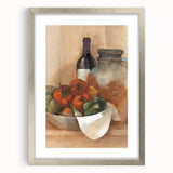 Textured art print of abstract fruits in muted earth tones, framed in silver, ideal for bedroom wall decor.