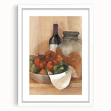 Abstract art print of assorted fruits in vibrant colors on a white framed mat, suitable for dining room decor.