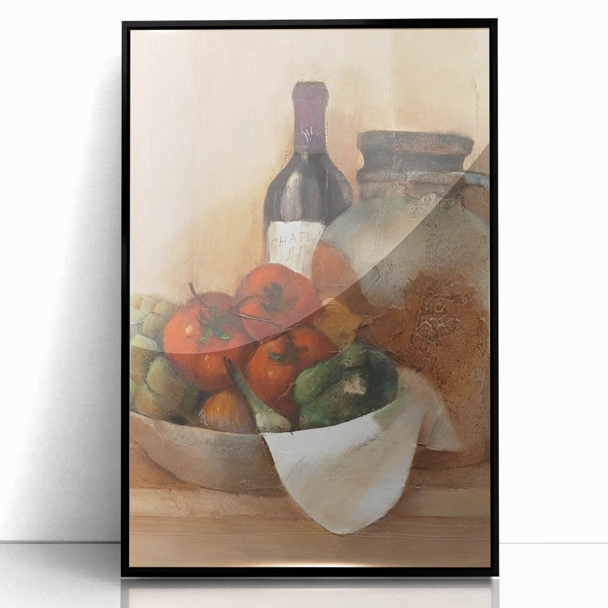 Large abstract wall art featuring assorted fruits in vibrant colors on a black acrylic framed print.