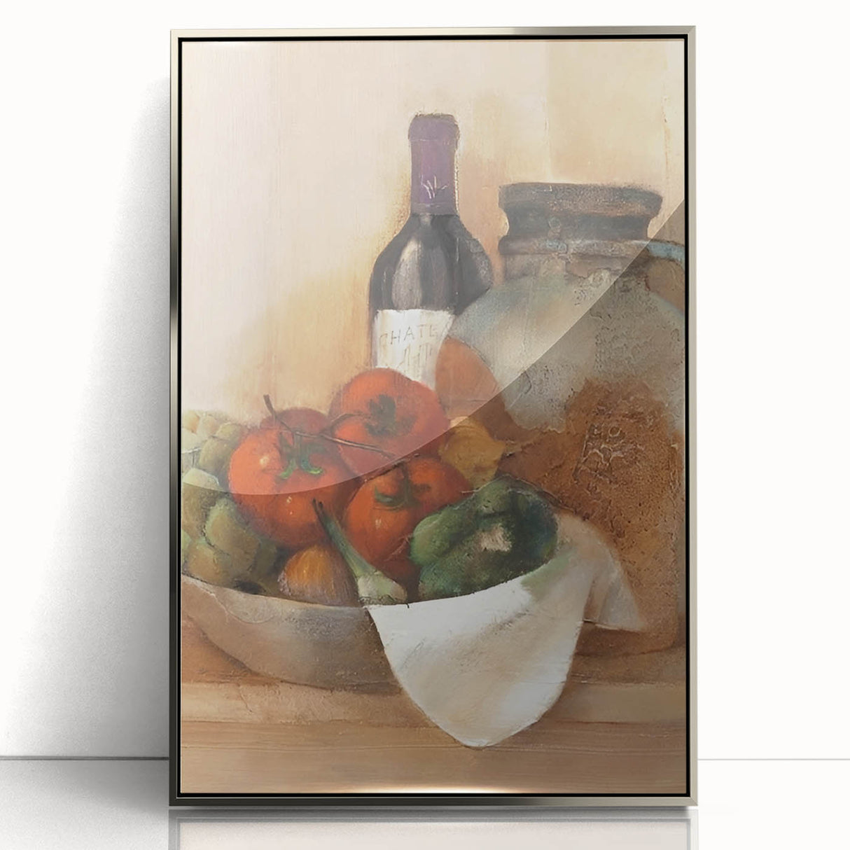 Mid-century modernist art featuring colorful fruits in a silver-framed acrylic print, suitable for nursery wall art.