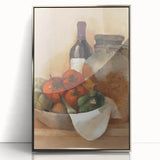 Mid-century modernist art featuring colorful fruits in a silver-framed acrylic print, suitable for nursery wall art.