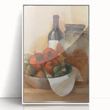 Acrylic print of colorful fruits in art deco style, framed in white, suitable for modern kitchen decor.