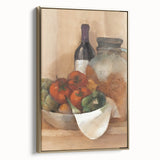 Framed canvas featuring a vintage poster art of assorted fruits in muted colors, ideal for bedroom wall art.