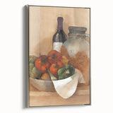 Landscape art painting of colorful fruits on a black background, framed canvas, ideal for kitchen wall decor.