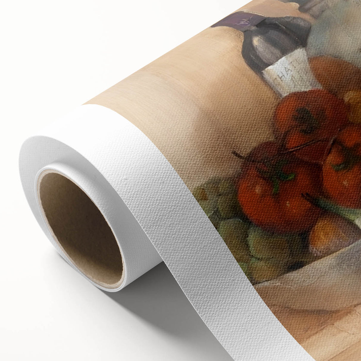 Art deco poster featuring an array of colorful fruits on a rolled canvas, ideal for nursery wall art or dining room decor.
