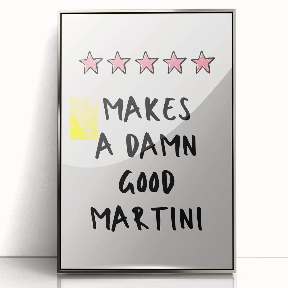 Mid-century modernist art deco poster featuring geometric shapes in muted pastel colors, framed in silver acrylic.