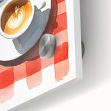 Close-up of large abstract wall art featuring assorted pastries in vibrant colors on acrylic glass.