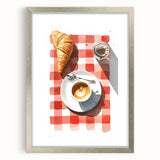 Abstract art print featuring an array of pastries in muted earth tones on a textured canvas, framed in silver.