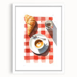 Abstract art print of assorted pastries in soft pastel colors on a white framed mat, ideal for dining room decor.