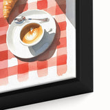 Close-up of a black wall art canvas featuring colorful, textured pastries, ideal for an extra large living room wall.