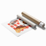 Art deco poster featuring assorted pastries in muted pastel shades on a rolled print.