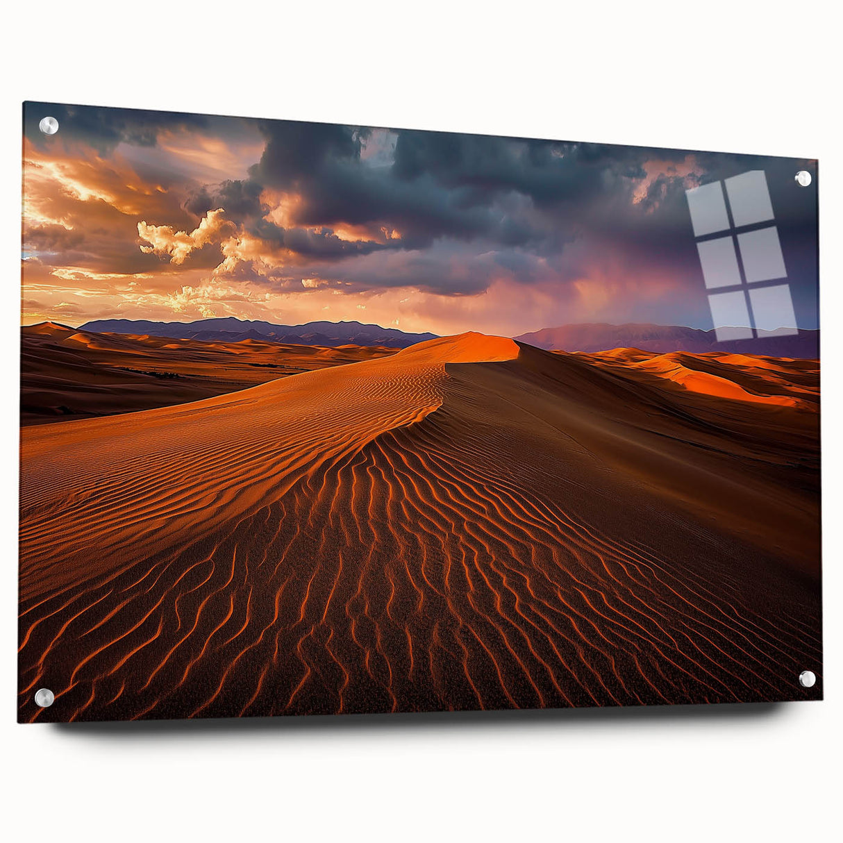 Side view of a modern acrylic glass art piece showcasing a serene dune landscape, featuring smooth lines and vibrant colors, secured with stylish pins for display.